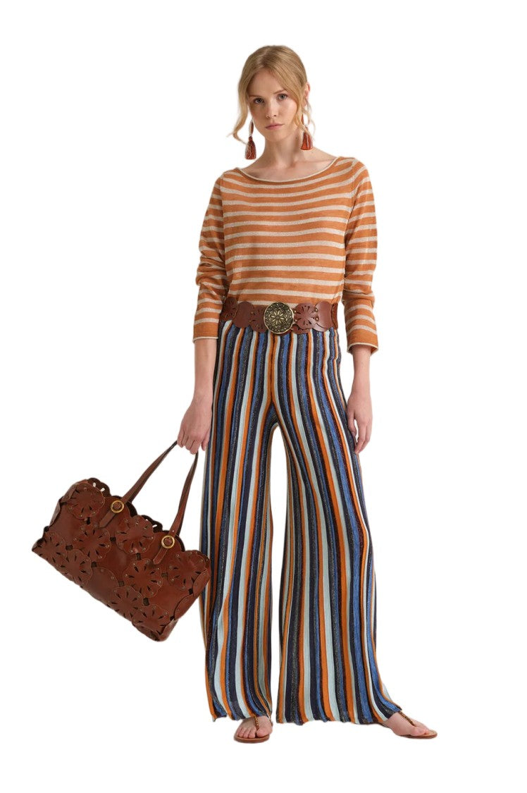 Maliparmi Lurex Striped Internal Elastic Waistband Flared Trousers