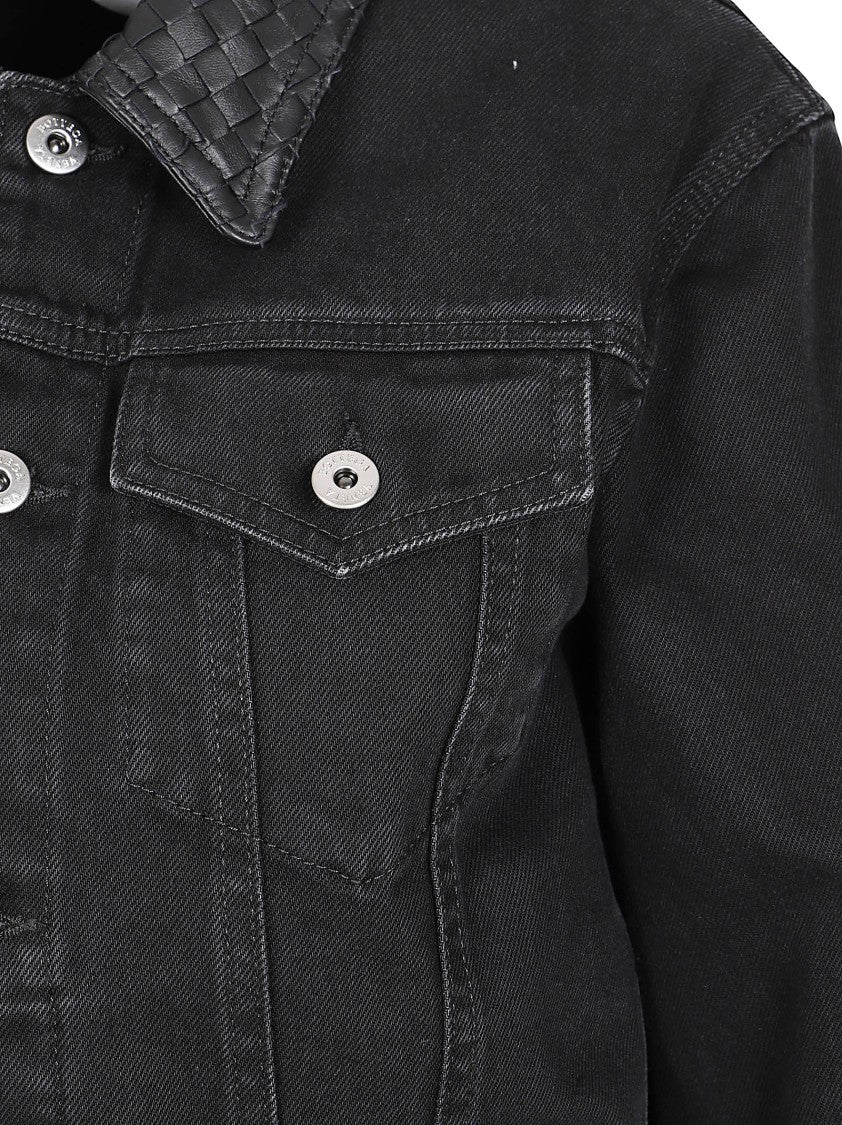 Bottega Veneta Cropped Woven Leather Collar Denim Jacket