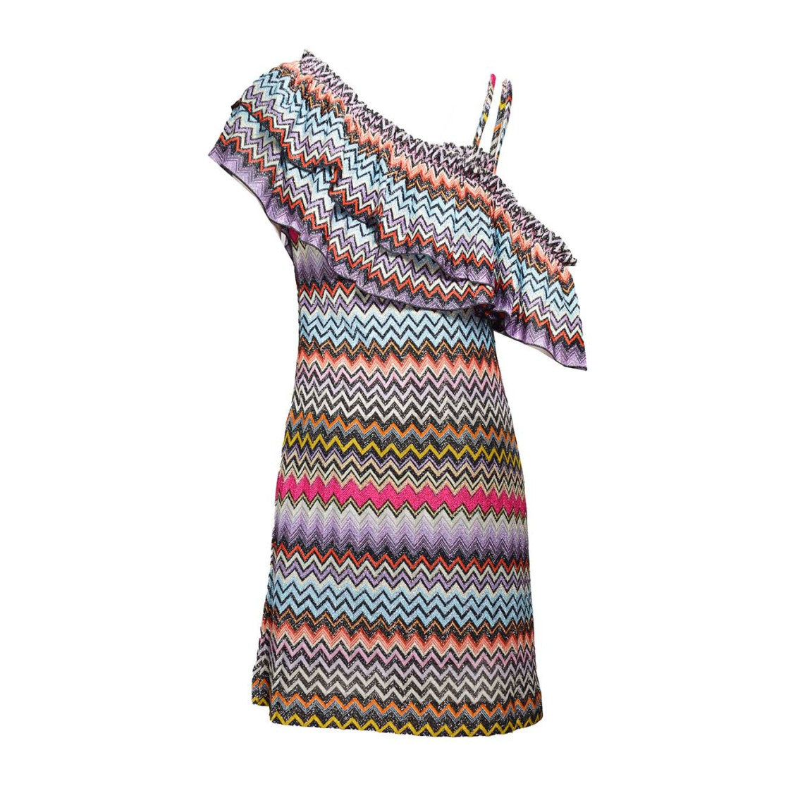 Missoni Multicolored Chevron Viscose One-Shoulder Short Dress With Lurex