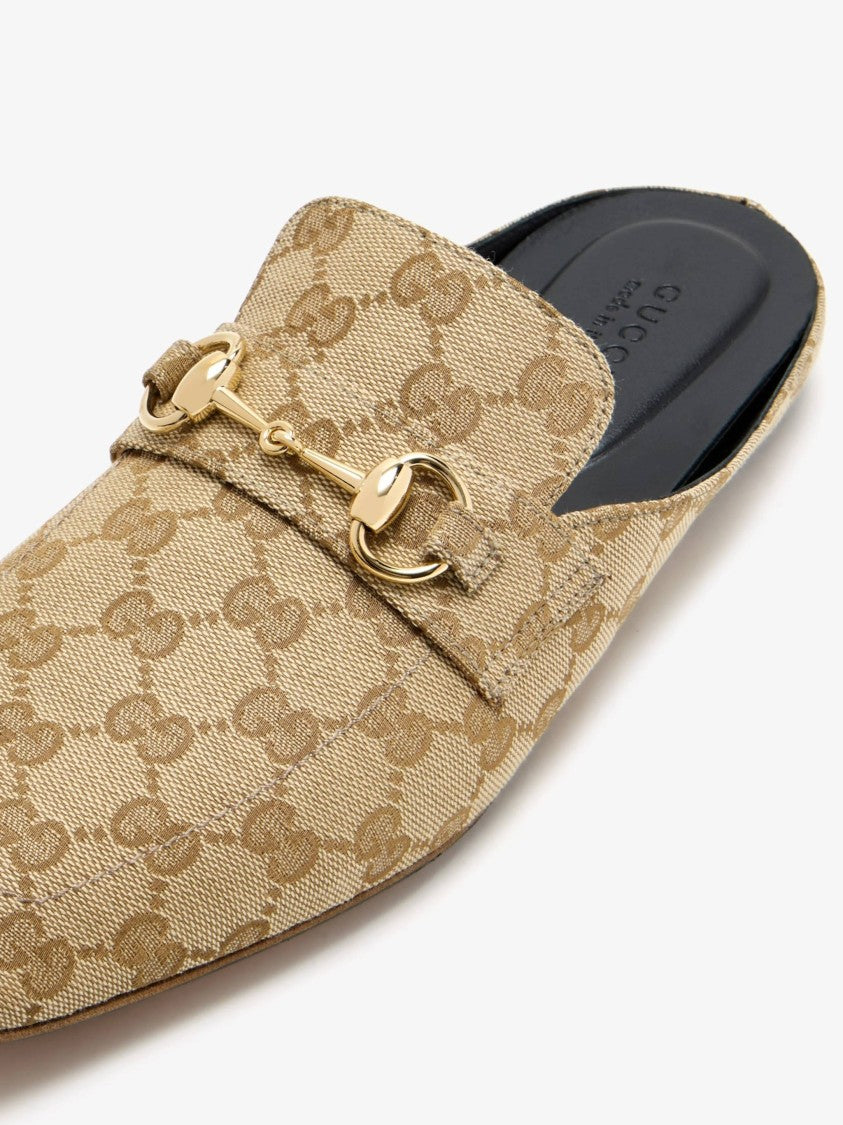 Gucci Slip-On Beige Canvas Mules With Monogram Pattern And Gold-Tone Horsebit