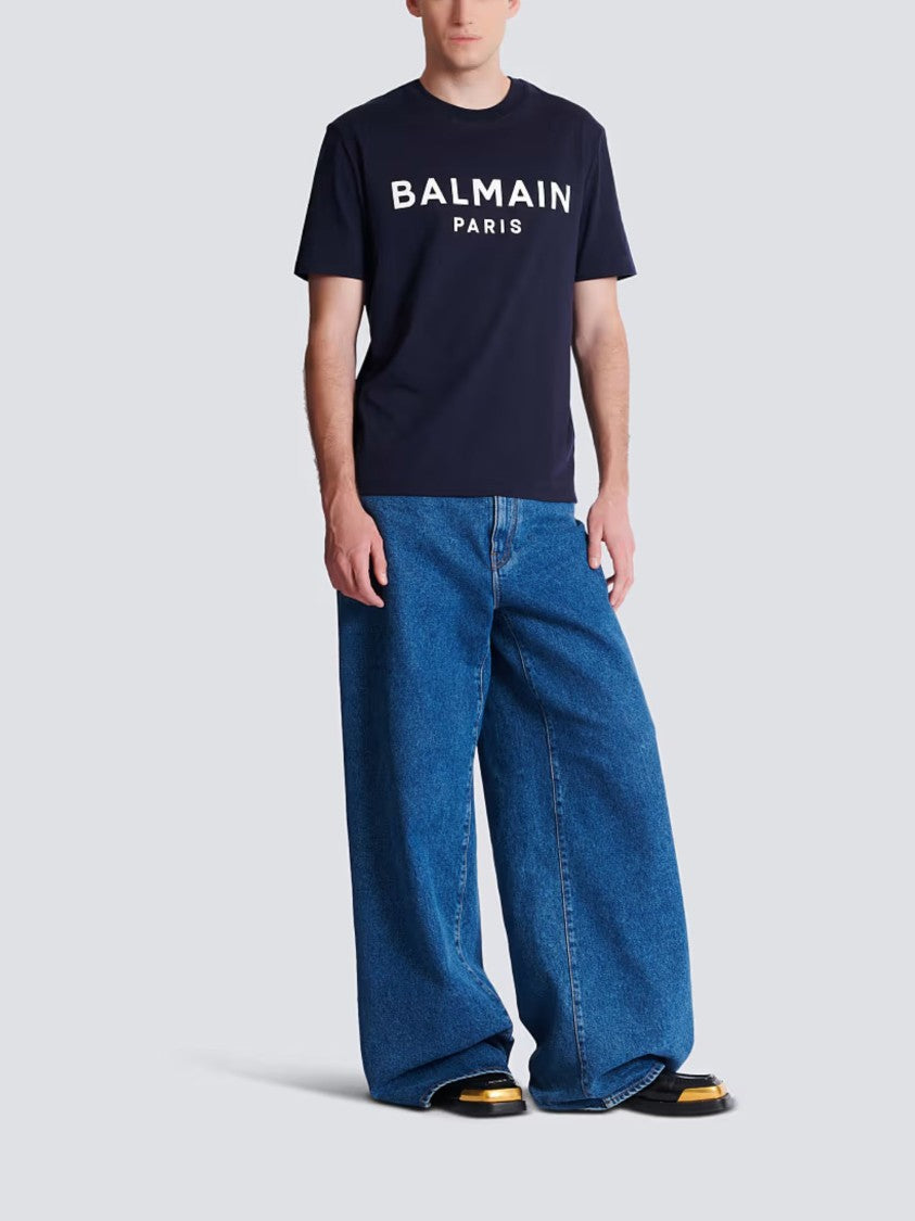 Balmain Navy Blue Cotton Printed T-Shirt