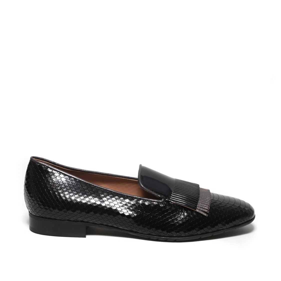 La Sellerie Black Crocodile Printed Leather Slipper
