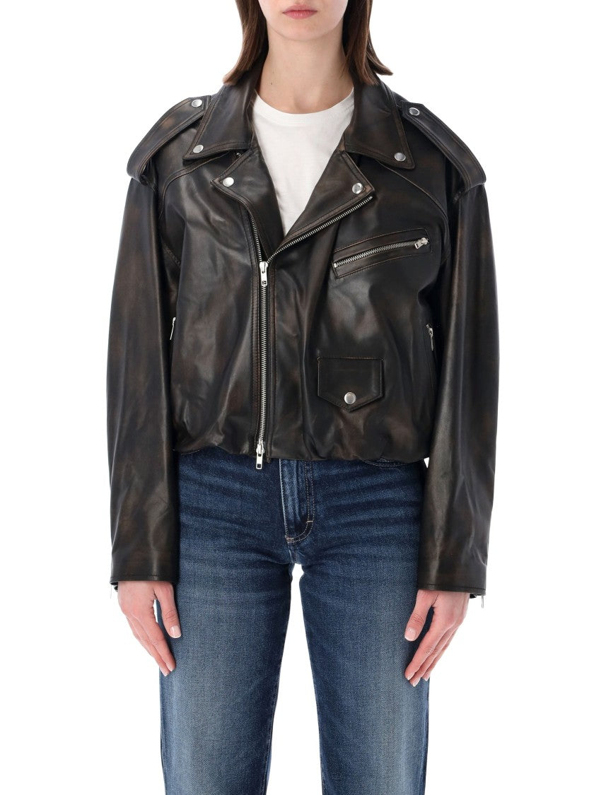 Sword Elastic Hem Leather Bomber Jacket