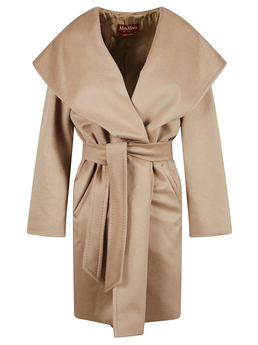 Max Mara Brown Oversized Collar Coat With Wrap-Around Belt