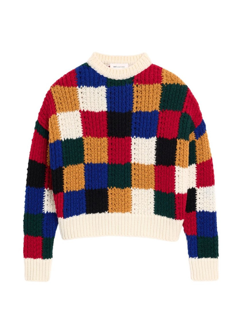 Ami Paris Chunky Knit Sweater With Bold Checkered Pattern