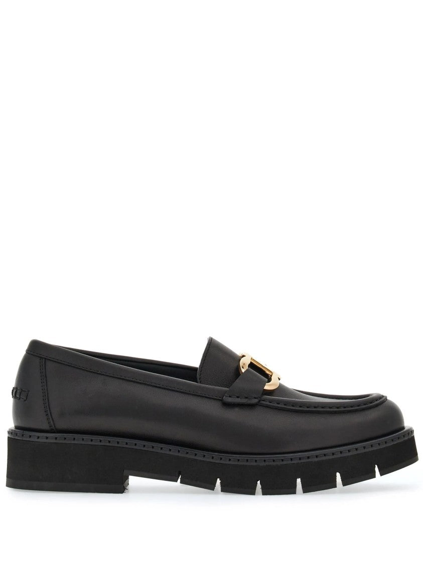 Salvatore Ferragamo Black Maryan Lug Leather Lug Sole Flats