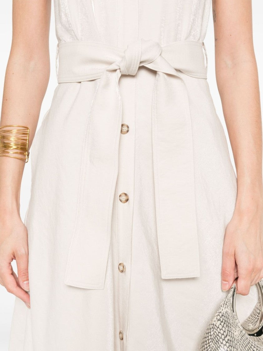 Liu Jo Beige Midi Dress With Button-Down Front And Belted Waist