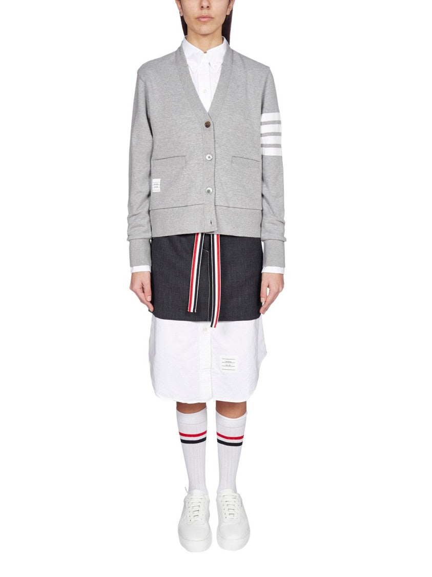 Thom Browne V-Neck Button-Down Grey Cardigan With Signature Stripes