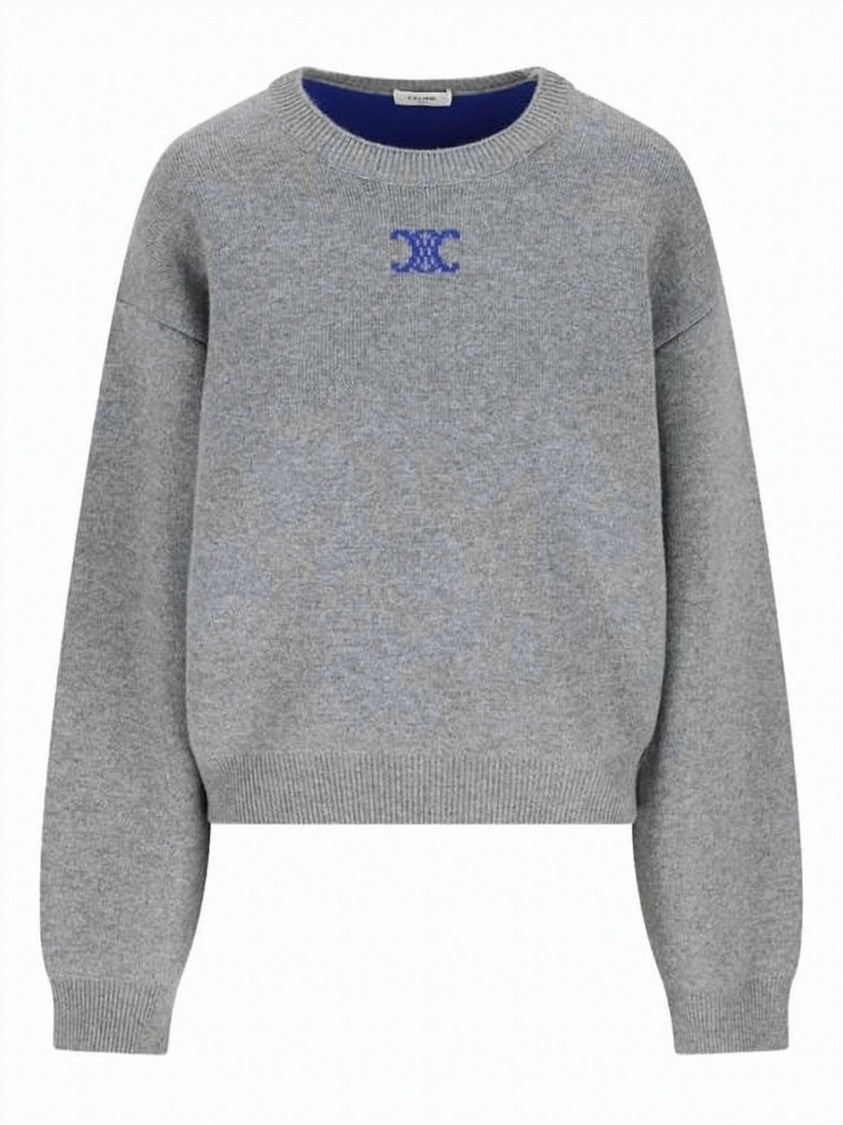 Celine Relaxed Fit Grey Cashmere Blend Sweater With Subtle Logo