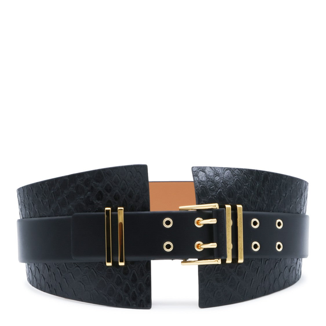 Elisabetta Franchi Textured Black Wide Belt With Gold-Tone Buckle