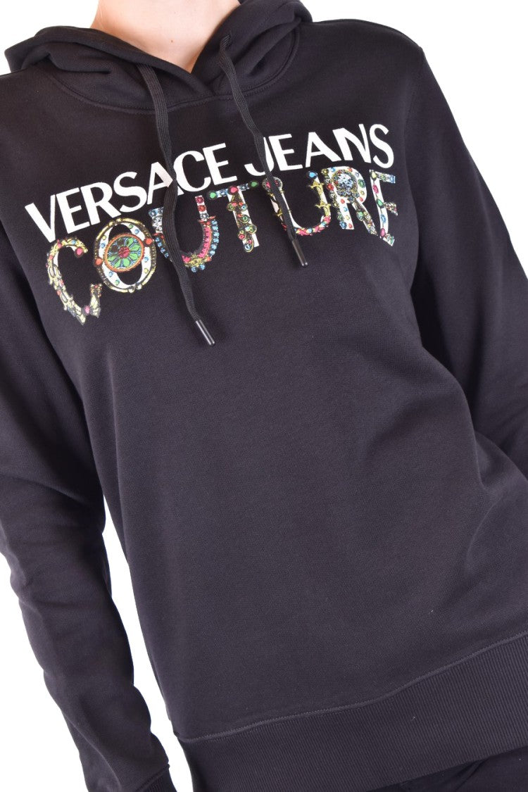 Versace Jeans Couture Hooded Black Sweatshirt With Bold Logo Print