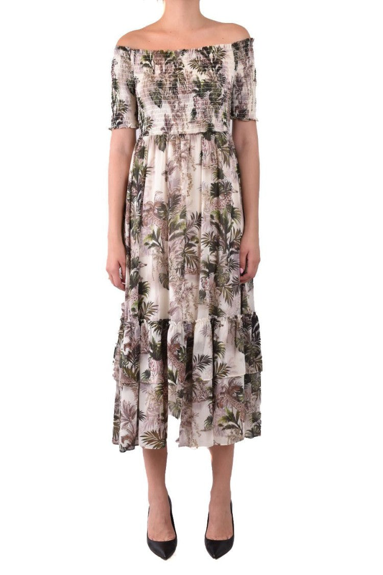 L'agence Off-Shoulder Midi Dress Tropical Leaf Ruffle
