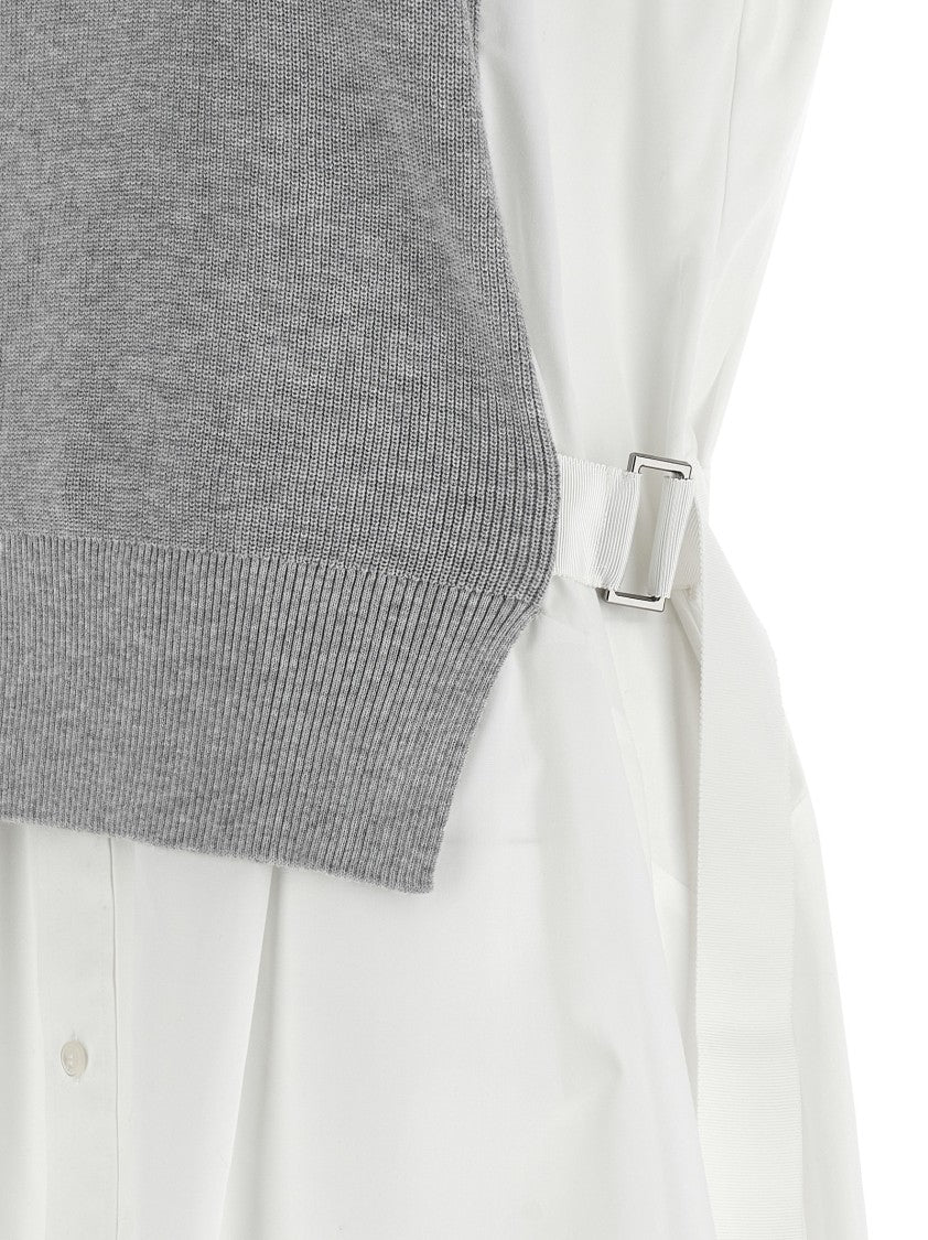 Sacai Layered Midi Dress With Flared Cotton Poplin Skirt