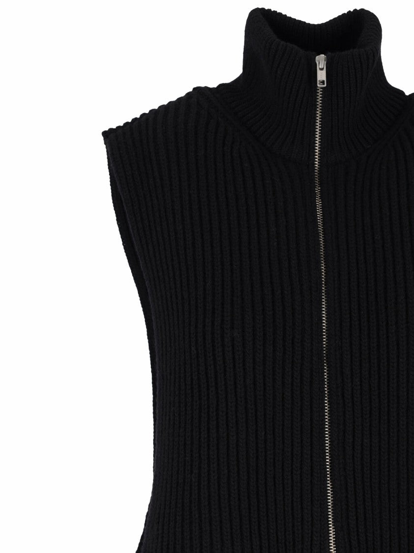 Mm6 By Maison Margiela Ribbed Knit Black Vest With High Collar And Zipper Closure