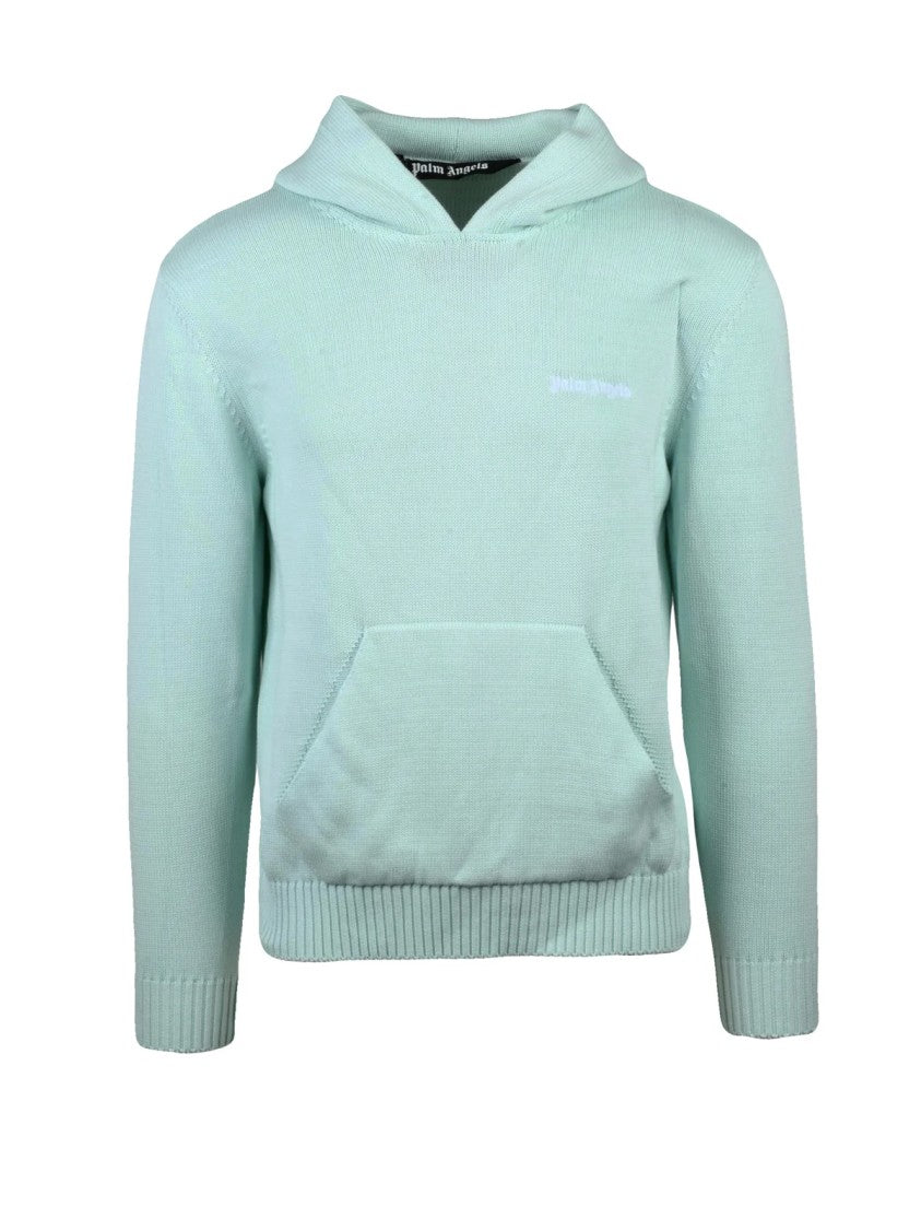Palm Angels Aqua Green Knit Hoodie With Embroidered Detailing