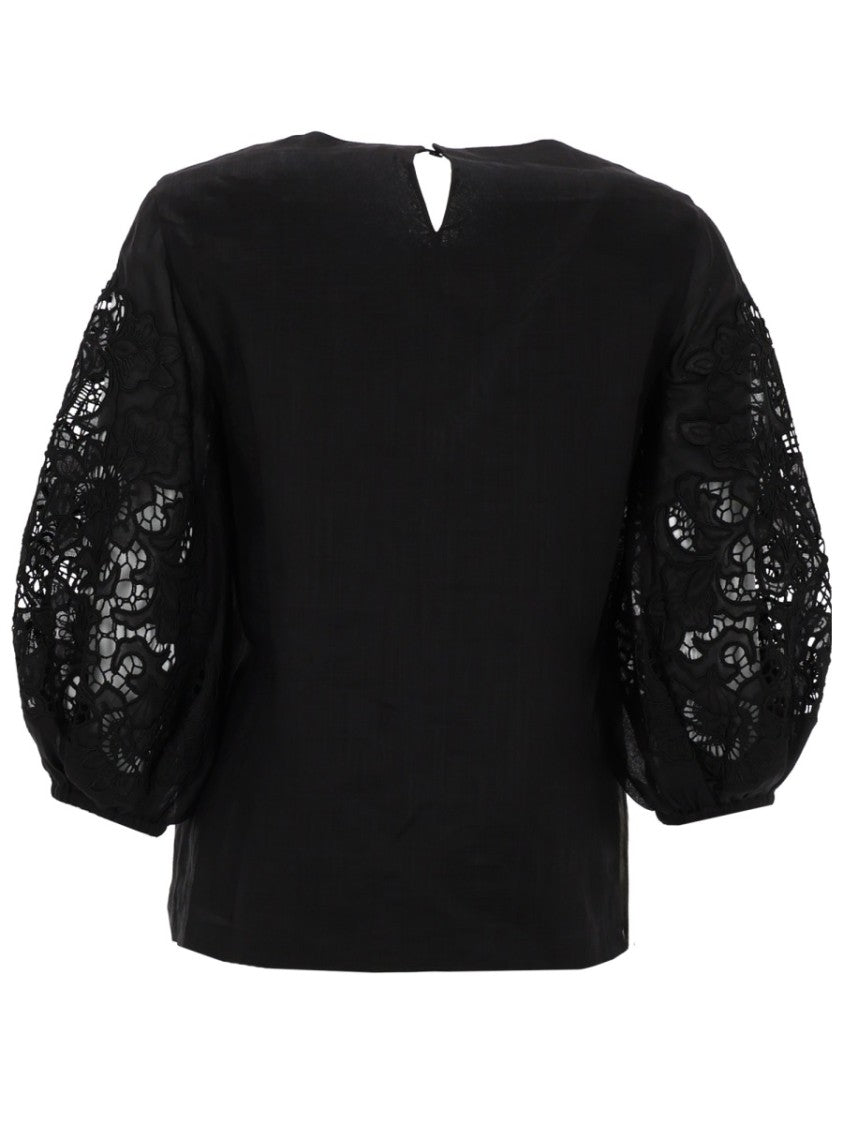 Max Mara Lace Puff Sleeve Ramie Top