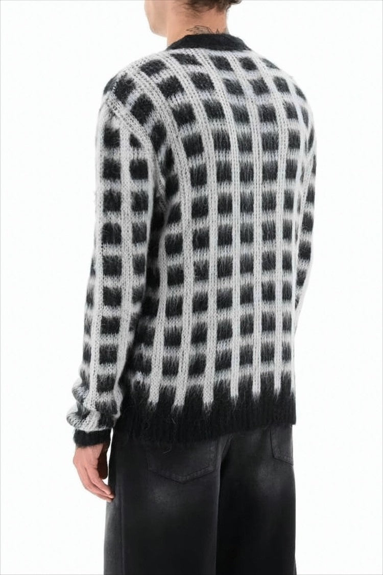 Marni Checkered Textured Cardigan With V-Neckline And Ribbed Accents