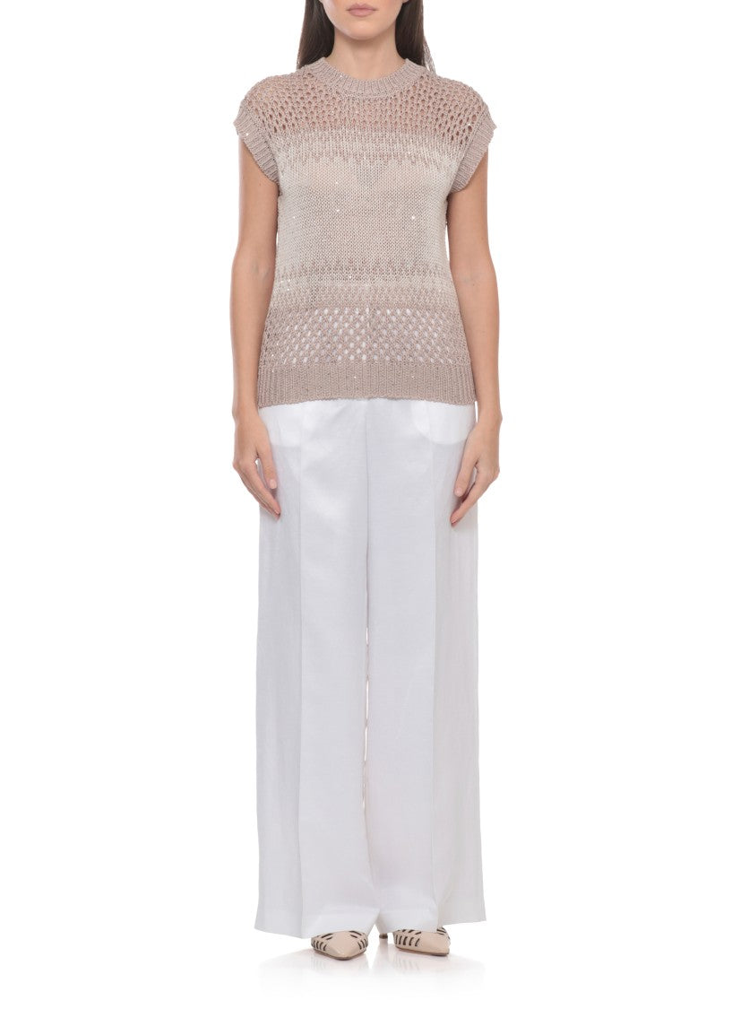 Peserico Ivory Cotton Sequined Perforated Knit Top