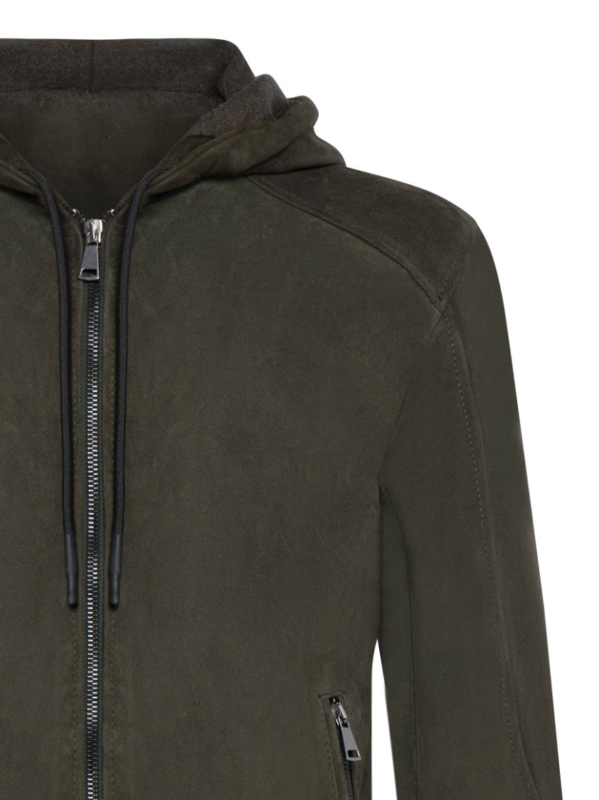 Franzese Collection Hooded Water-Repellent Green Suede Lambskin Jacket