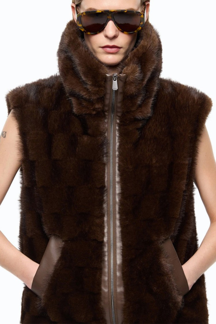Pinko Brown Polyester Faux-Fur Zip Waistcoat