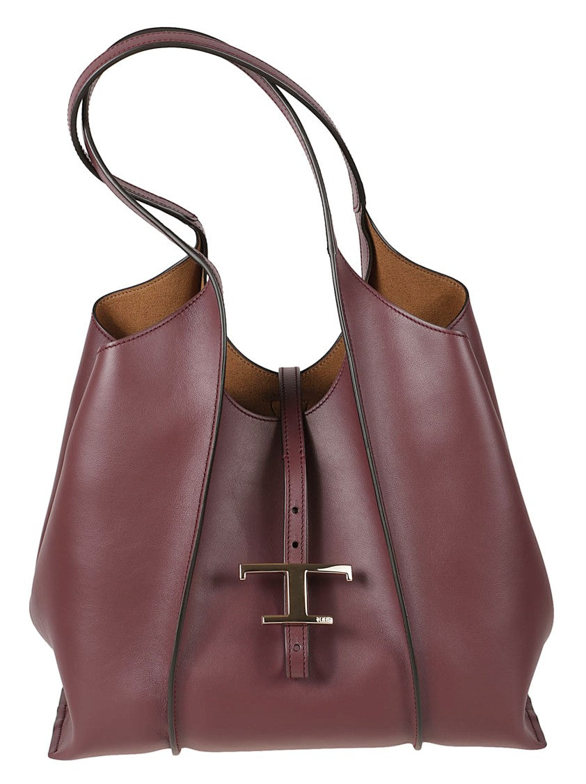 Tod's Burgundy Calfskin Tote Bag With Metallic Closure