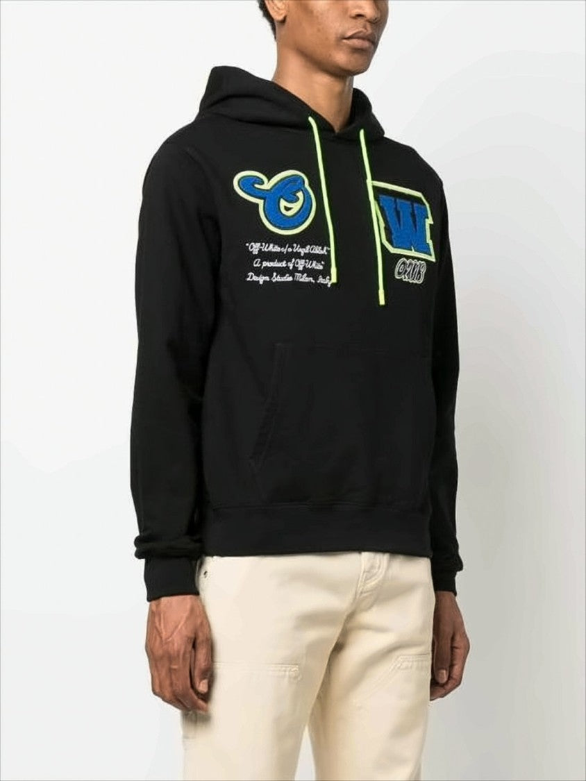 Off-White Black Cotton Hoodie With Neon Accents And Embroidered Details