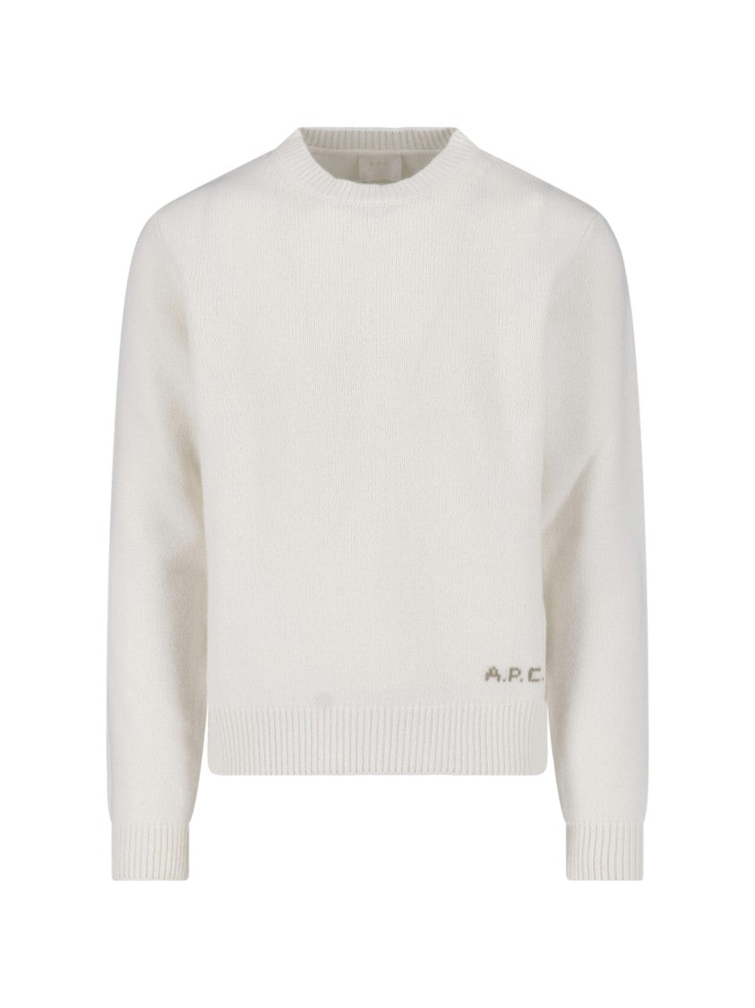 A.P.C. White Wool Ribbed Crewneck Sweater