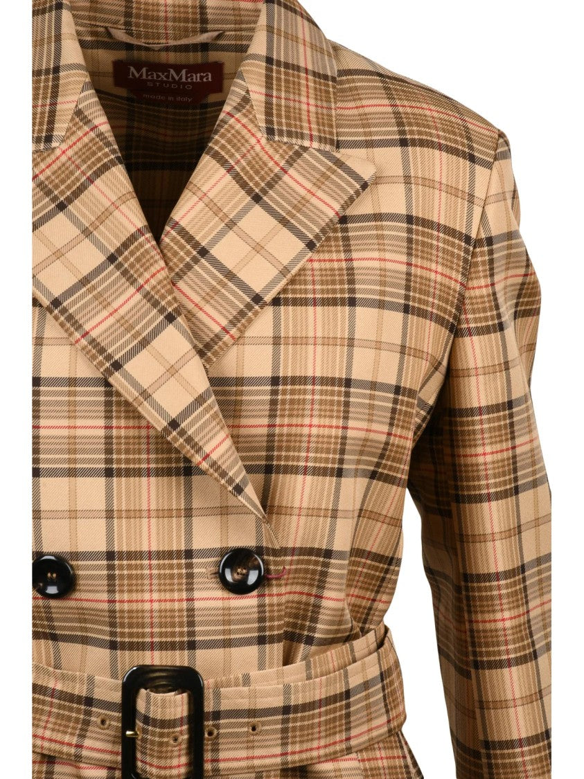 Max Mara Beige Double-Breasted Plaid Viscose-Blend Trench Coat