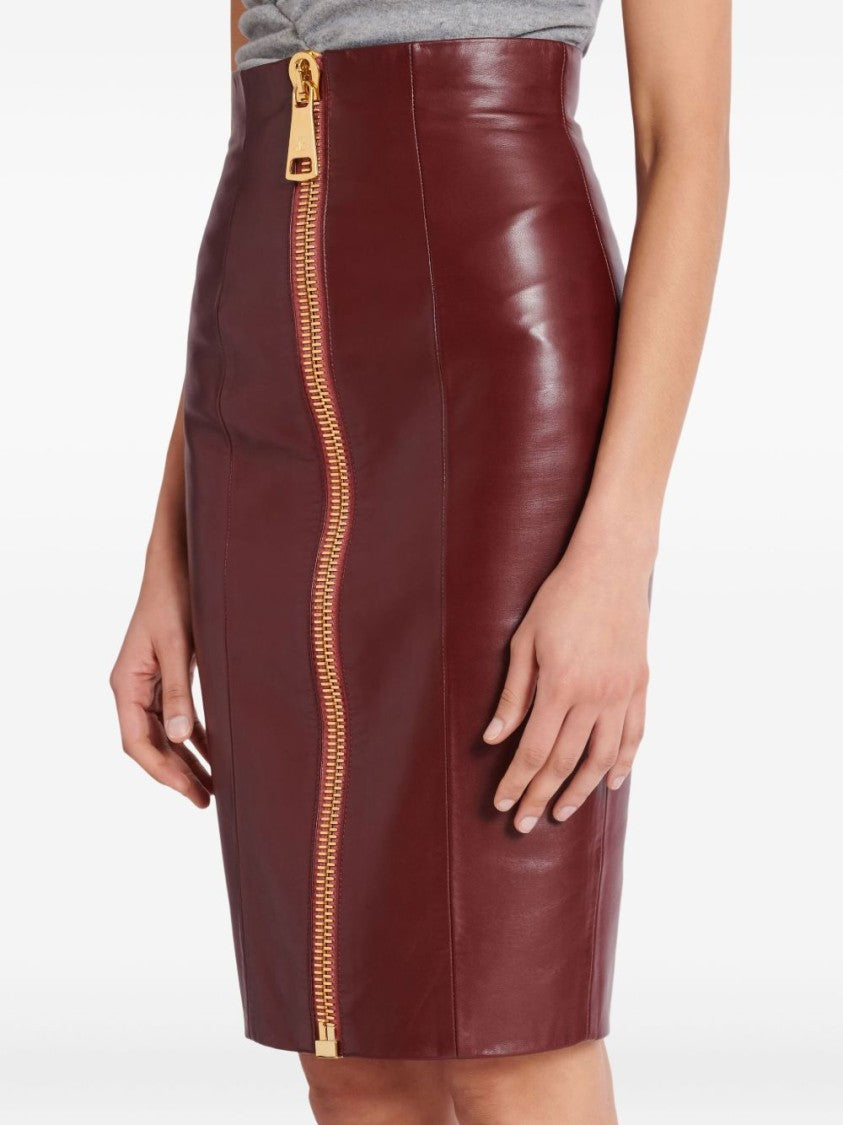 Balmain High-Waisted Pencil Skirt In Rich Brown Lambskin Leather