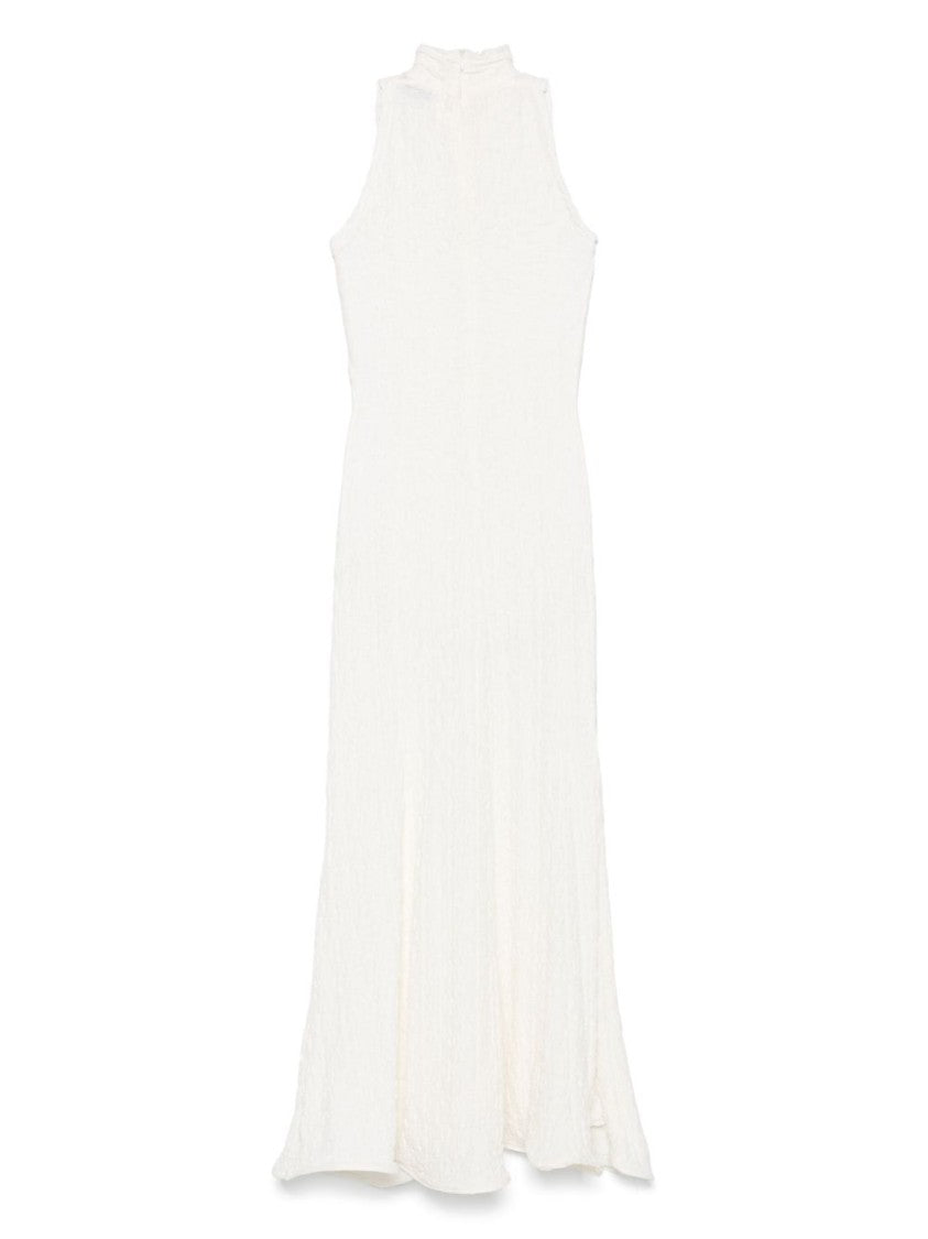 Msgm White Maxi Dress With High Neckline And Fitted Bodice