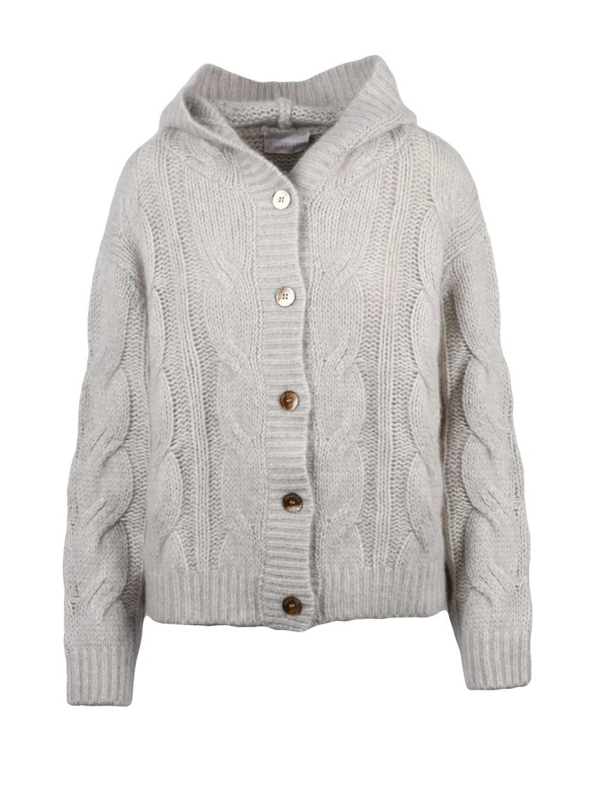 Hemisphere Taupe Cable Knit Cashmere-Cotton Hooded Jacket