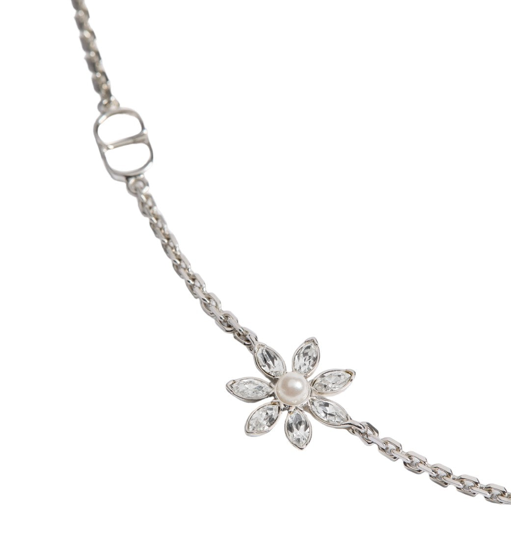 Christian Dior Necklace Floral Silver Crystal Pearl Pendant
