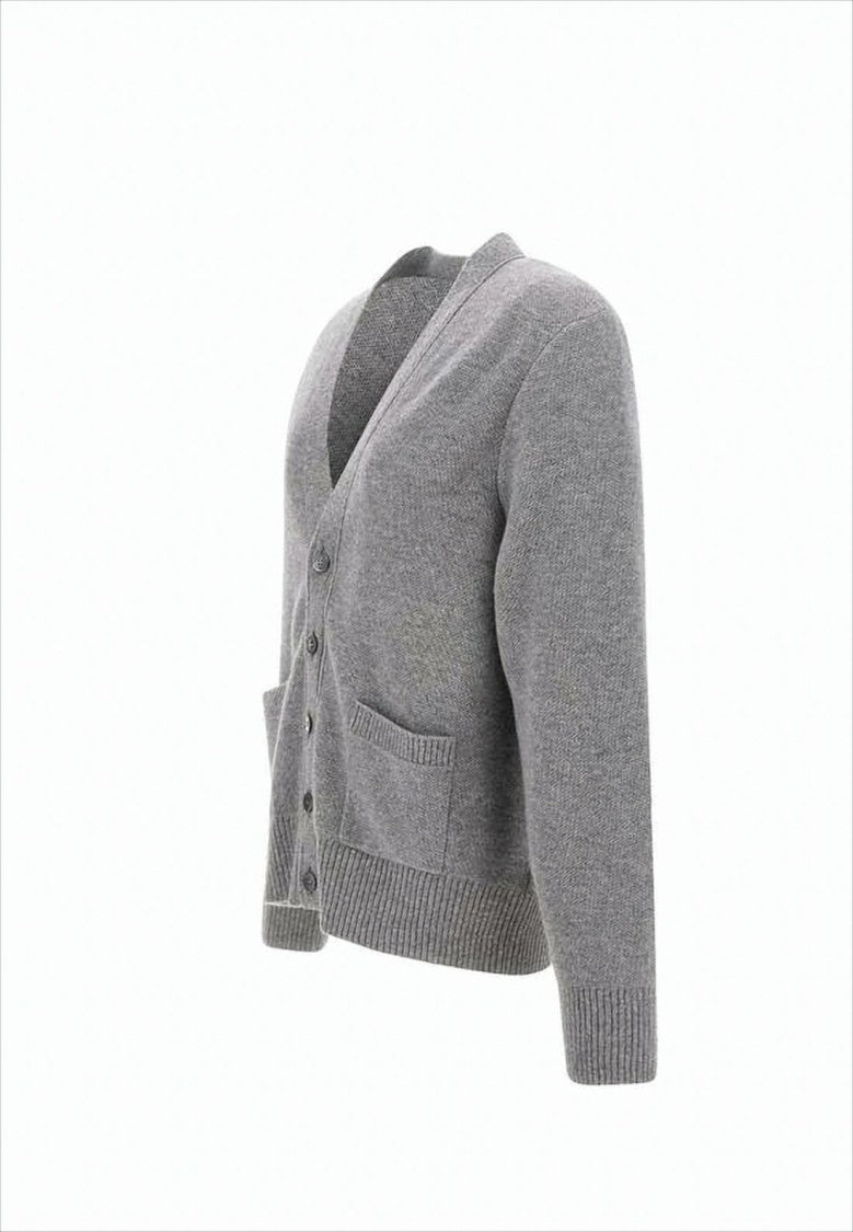 Thom Browne V-Neck Grey Wool Cardigan With Distinctive Stripe Detail