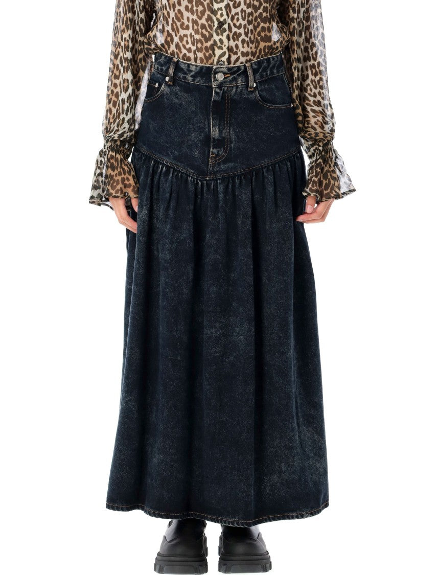 Ganni Drop Waist Washed Denim Ankle-Length Skirt