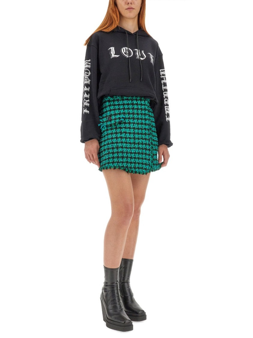 Msgm Textured Houndstooth Tweed Skirt With Frayed Hem