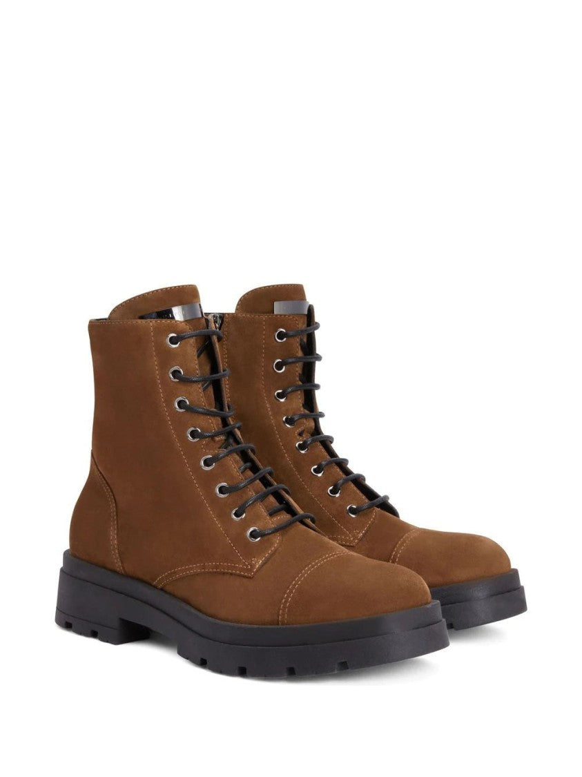 Giuseppe Zanotti Lace-Up Brown Leather Ankle Boots With Side Zipper