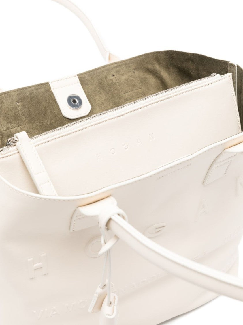 Hogan Cream Calf Leather Shopper Bag With Embossed Detailing