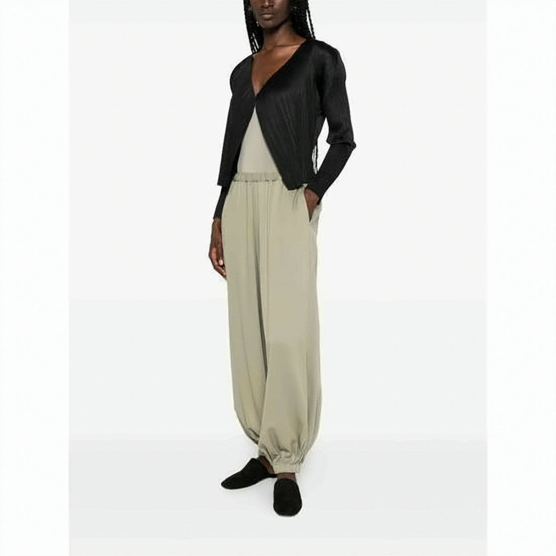 Pleats Please Asymmetrical Pleated Cardigan With Deep V-Neckline