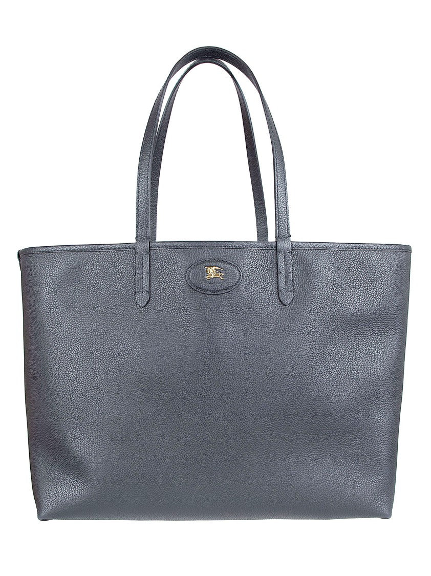 Burberry Reversible Black Calf Grain Leather Tote Bag With Equestrian Knight Emblem