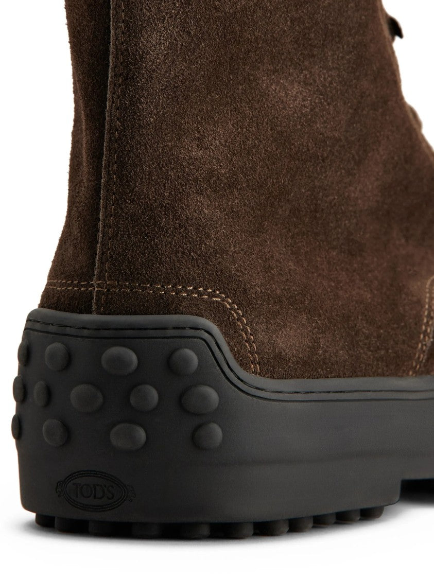 Tod's Ankle-High Brown Suede Lace-Up Boots With Rubber Sole