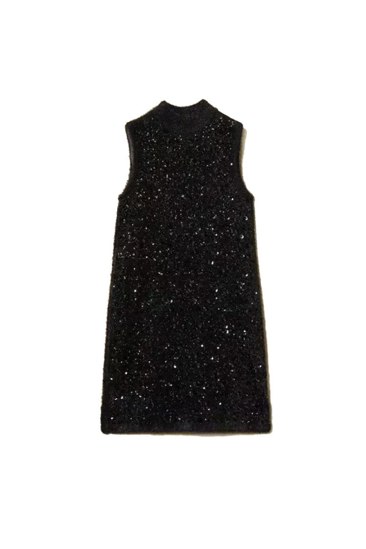 Twin-Set Black Sparkling Sleeveless Mock-Neck Mini Dress