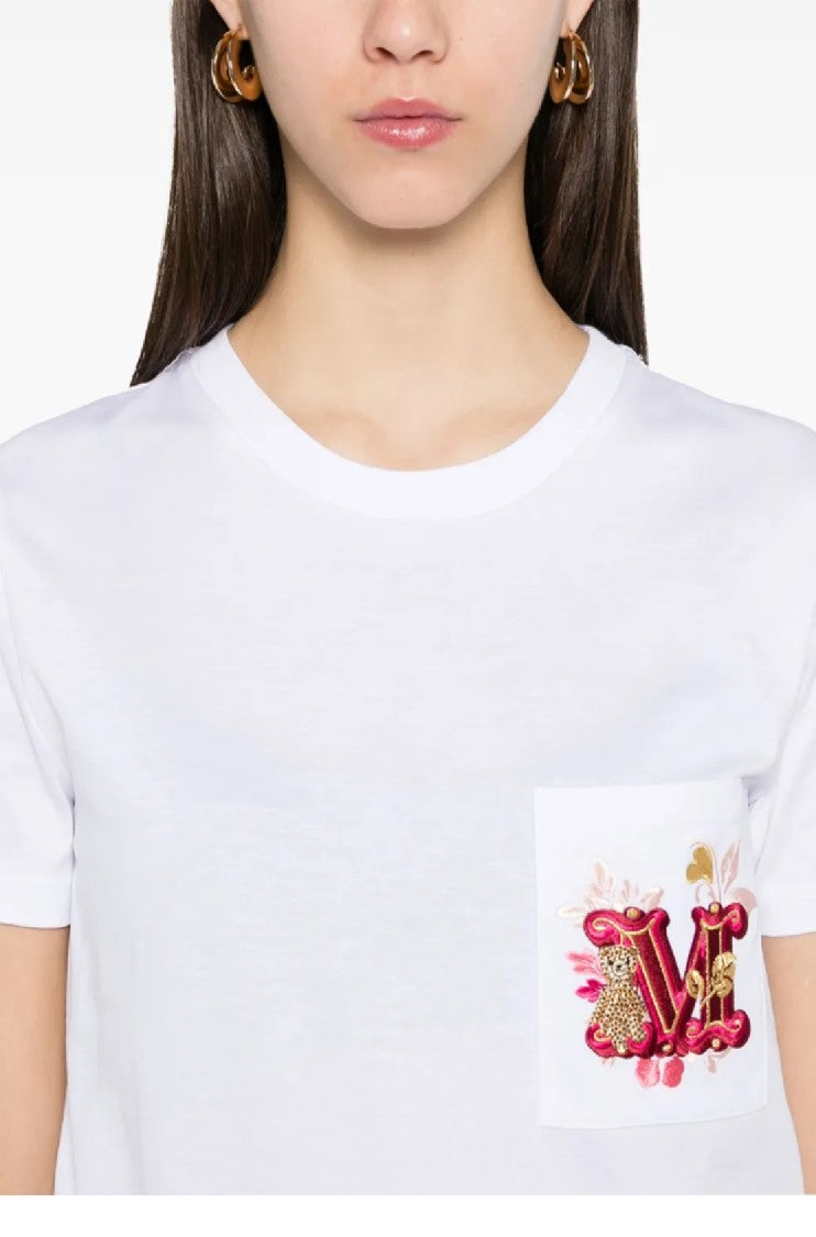 Max Mara Classic Crew Neck Cotton Top With Embroidered Pocket