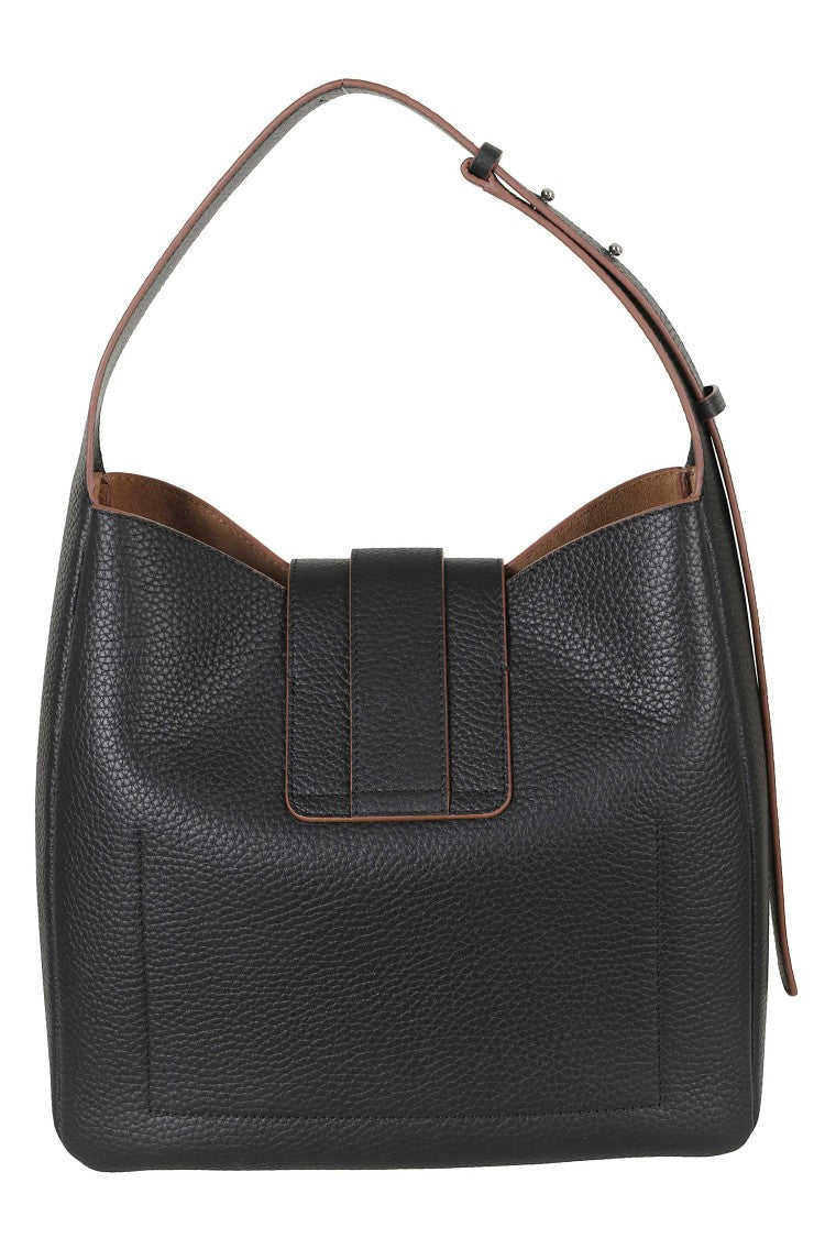 Hogan Structured Black Pebbled Leather Bag With Adjustable Shoulder Strap