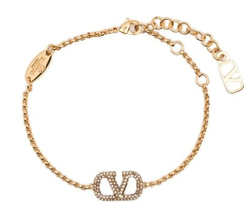 Valentino Garavani V-Logo Crystal-Embellished Brass Bracelet