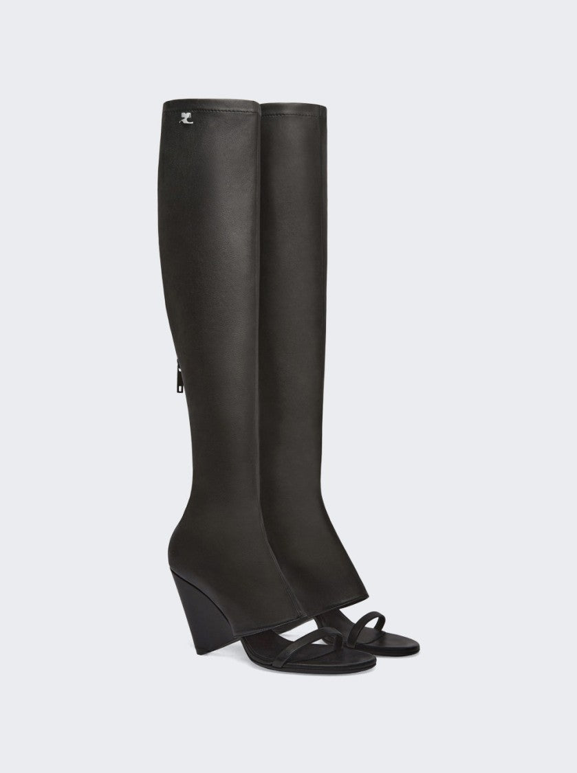 Courrèges Oblique Wedged Leather Open Toe Boots Black