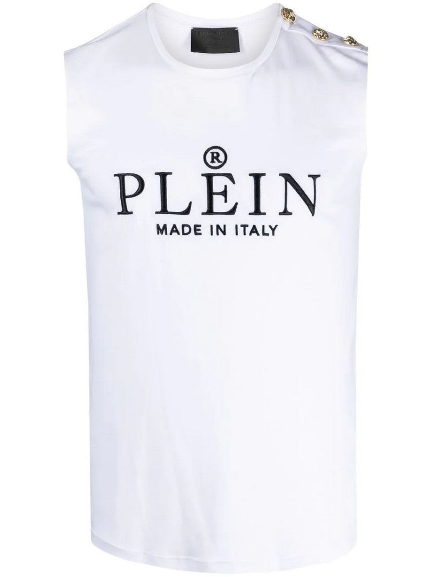 Philipp Plein Sleeveless White Cotton Top Bold Detailing
