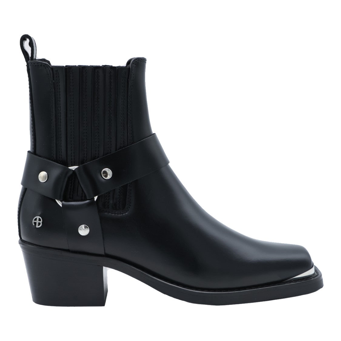 Anine Bing Pointed Toe Black Leather Ankle Boots With Silver-Tone Accents