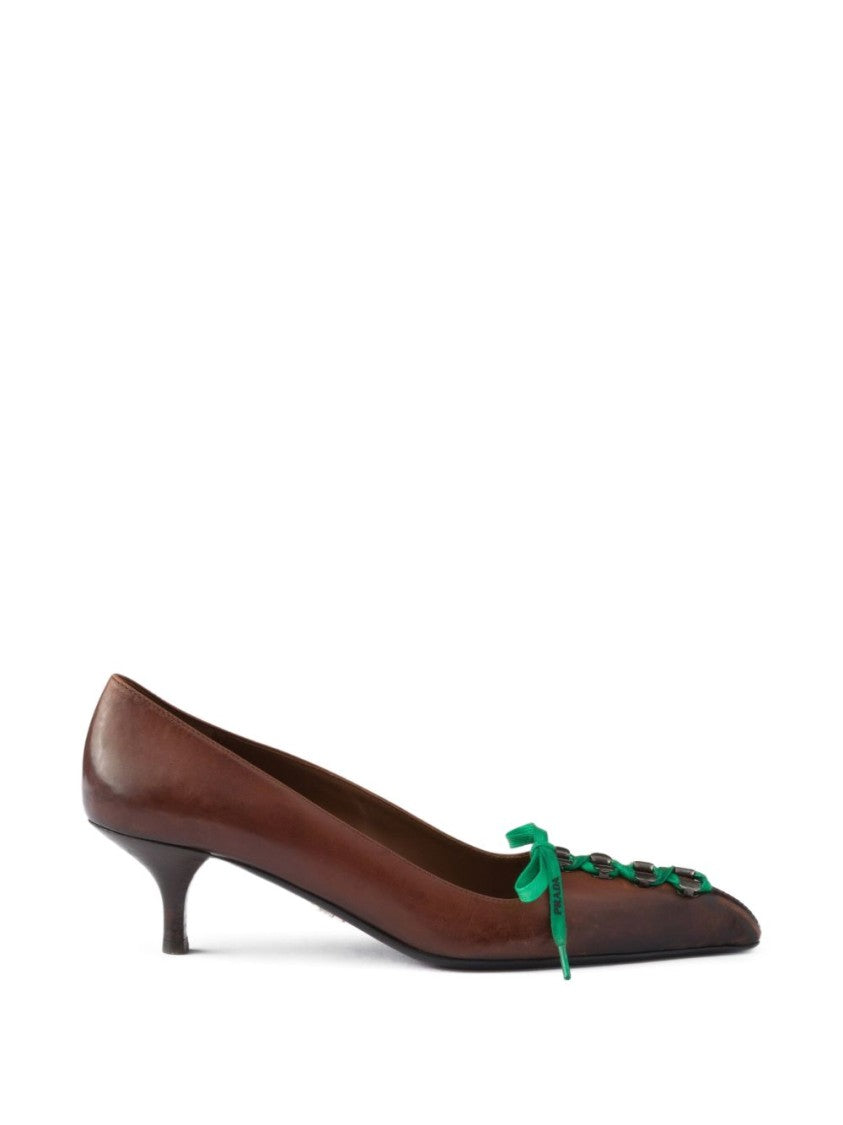 Prada Brown Leather Pointed Toe Lace-Up Flats