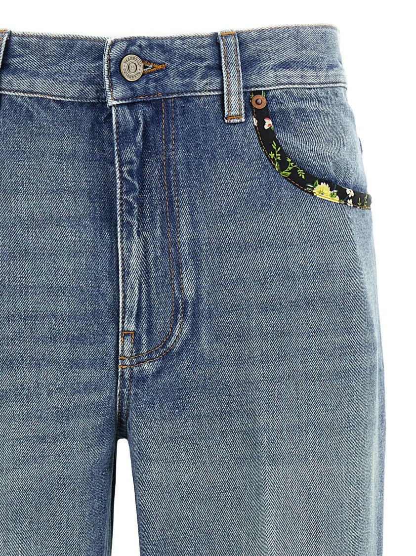 Valentino Garavani Medium Blue Floral Piped Jeans With Relaxed Fit