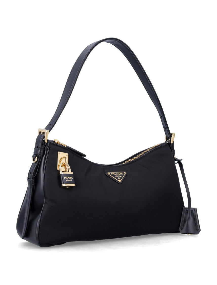 Prada Enameled Triangle Logo Black Nylon Hobo Bag